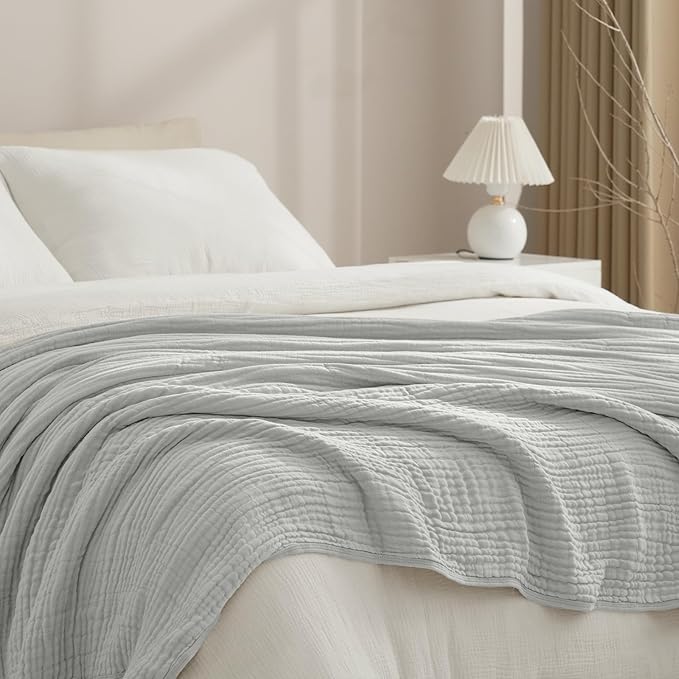 PHF Cooling Muslin Blanket Queen Size 90"x80", 6-Layer Lightweight Gauze Blanket Made from 35% Rayon Derived from Bamboo & 65% Cotton, Breathable & Ultra Soft Cozy, Aesthetic Home Decor, Harbor Mist