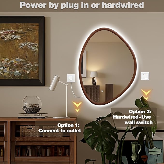 Irregular LED Bathroom Mirror with Lights, 32"x24" Wood Framed LED Vanity Mirror, Anti-Fog Smart Mirror with 3 Colors Dimmable for Living Room Bathroom Entryway, Walnut