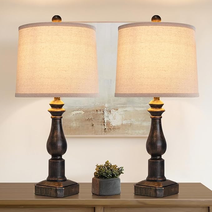 RORIANO 23" Set of 2 Vintage Farmhouse Table Lamp for Living Room Bedroom, Rustic Modern Resin Nightstand Bronze Desk Lamps for Entryway Office, 2 Bulbs Included