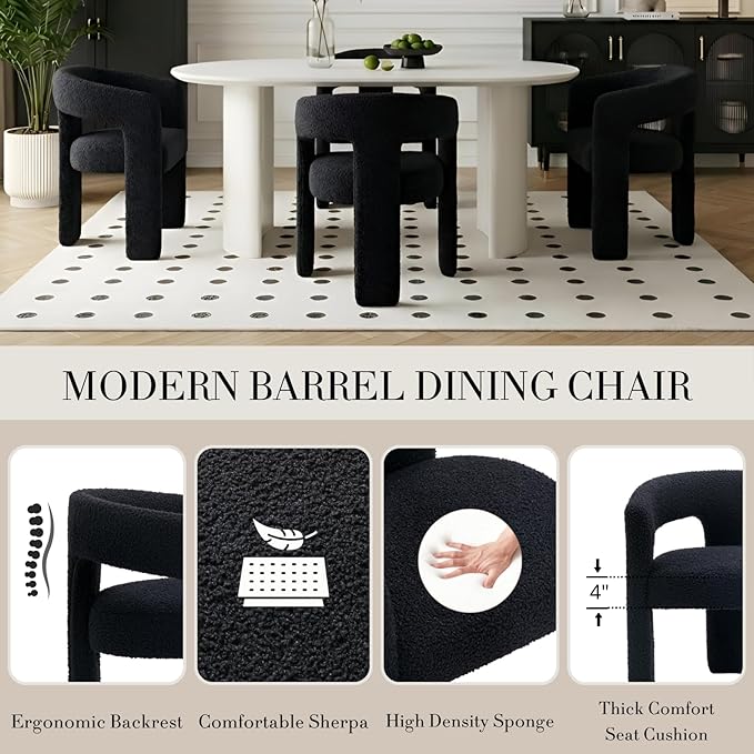 Modern Sherpa Barrel Dining Chair Upholstered Faux Fur Dining Room Chair with Arm Comfy Accent Side Chair for Kitchen/Living Room/Reception, Black