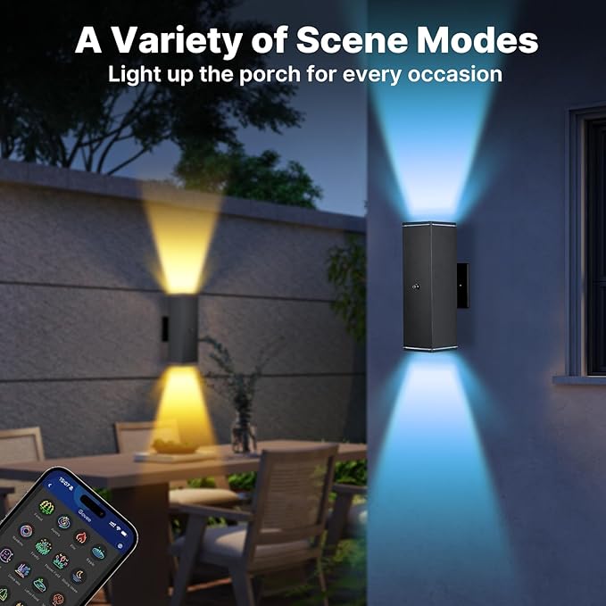 Outdoor Wall Lights 6 Pack, RGBCW Exterior Lighting Sconce,2700K-6500K Dimmable Smart Porch Lights Outdoor for House Patio Garage, Compatible with Alexa/Google Assistant, Bulb Included