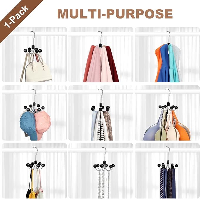 TOPIA HANGER Hoodie Hangers with 6 Wood Balls, 360°Swivel Purse Hanger, Scarf Hanger, Closet Hooks, Handbag Organizer, Bra Hanger, Accessory Organizers for Scarf, Tanktop, Hat, Hoodie CT56B