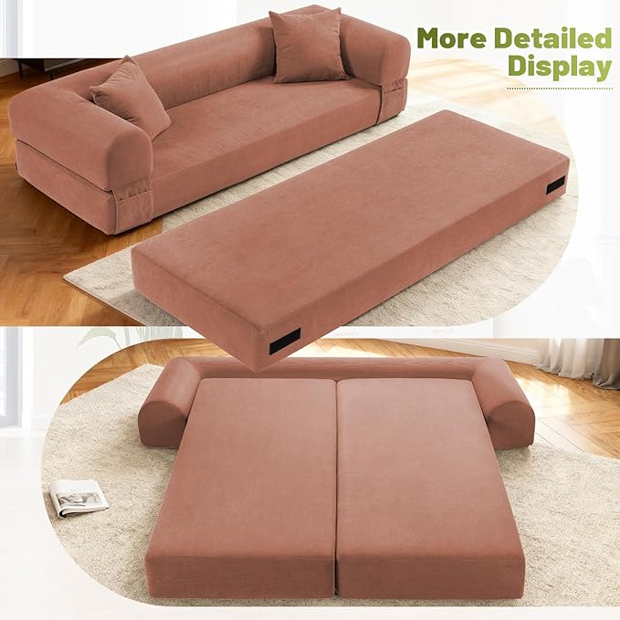 Convertible Futon Sofa Bed,80" Folding Pull Out Couch Bed with Pillows & Storage Pocket, Oversized Queen Sleeper Sofa in a Box,Corduroy Boneless Couch for Living Room,Pink