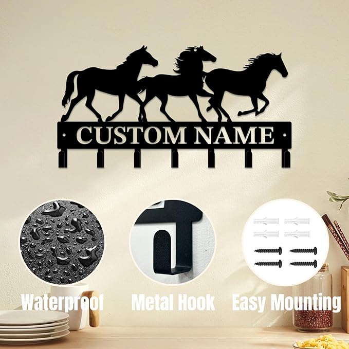 Personalized Custom Name Farm Horse Wall Key Hooks,Metal Horse Art Clothes Hooks,Metal Horse Wall Home Storage Decorative,For Front Door, Hallway, Kitchen, Bedroom,Keys,Hats (Style G)