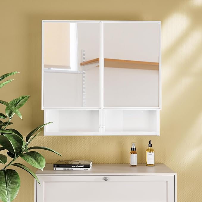 32x26 InchMedicine Cabinet with Mirror, Bathroom Mirrored Cabinet with Double Doors, Extra Storage Space, Bevel Mirror Wall Cabinet, Recessed or Surface Mount