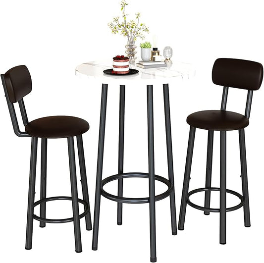 DKLGG Dining Table Set for 2 - 24" Round Kitchen Table With MDF Tabletop & 2 PU Leather Chairs, Bar Pub Set for Small Space Kitchen Living Room Apartment, White