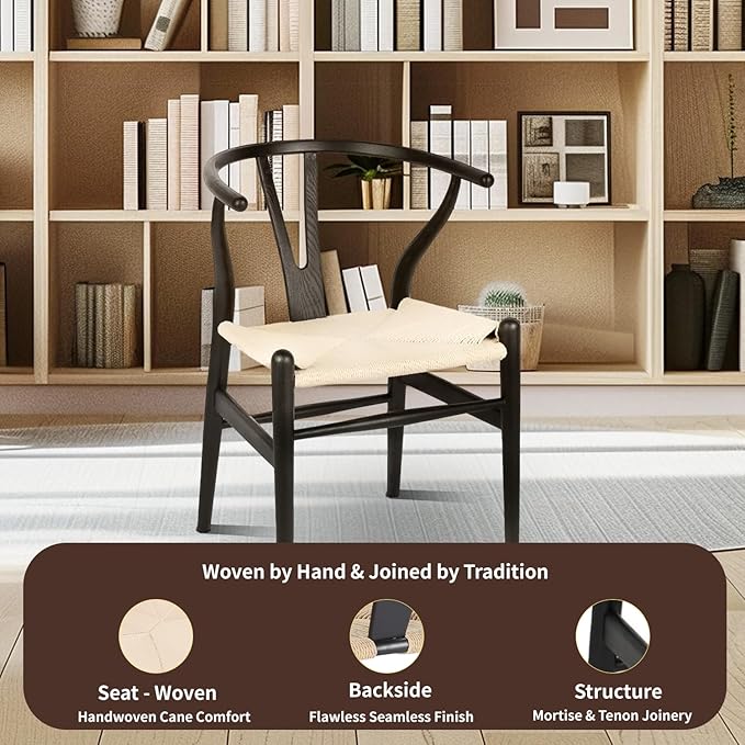 Tomile Wishbone Chair Y Chair, Wooden Dining Chairs Set of 2, Mid Century Modern Chairs with Arms, Solid Wood Weave Seat Kitchen & Dining Room Chairs (Ash Wood-Black Frame + Natural Cord)