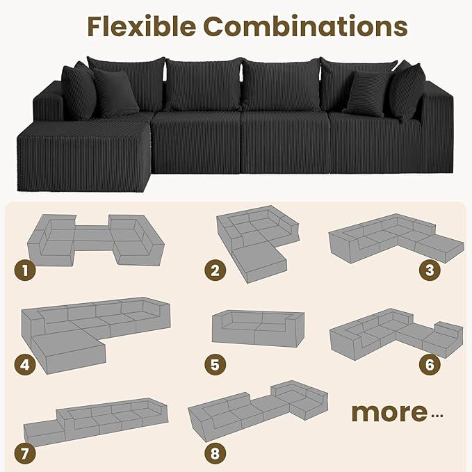 Oversize 131” Boneless Couch for Living Room, Comfort L Shaped Cloud Couch Sectional, Extra Deep Seats Corduroy Modular Sectional Sofa No Assembly,Black