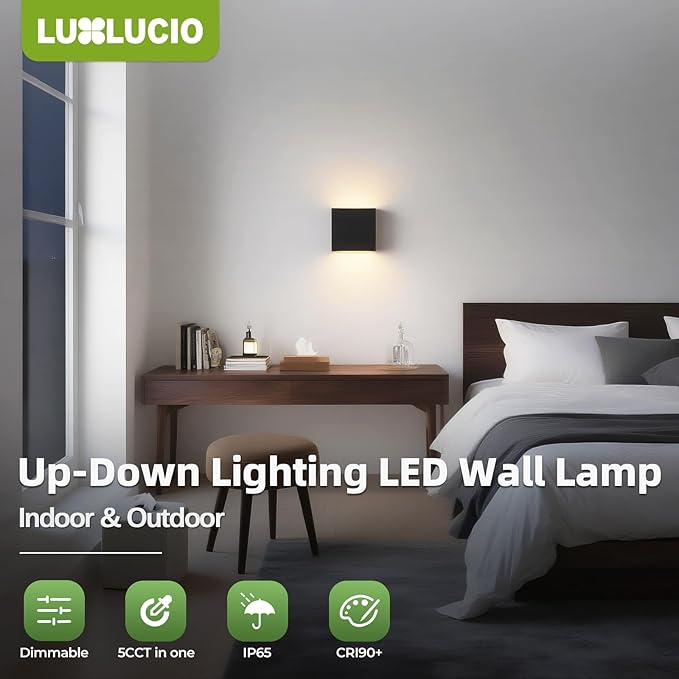 Indoor Outdoor Wall Light, 5%-100% Dimmable, 5 Color Temperature Selectable (2700K-5000K), Modern Wall Sconce for Living Room Porch, IP65 Waterproof, 120-277V, CRI90+, ETL FCC Certified