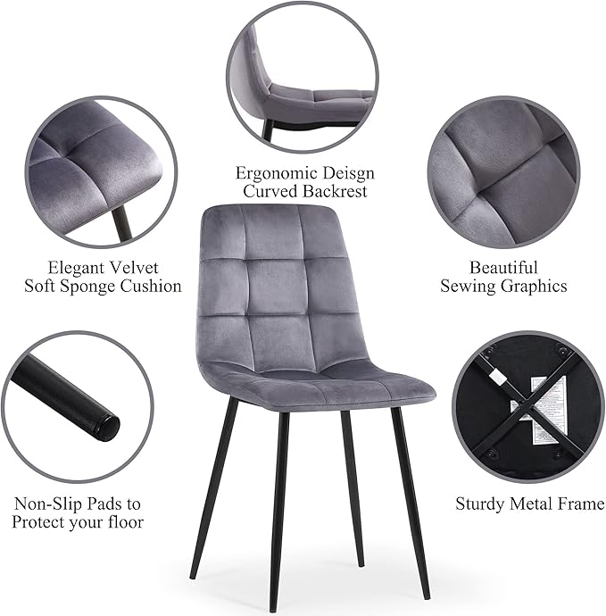 NORDICANA Grey Velvet Dinner Chairs Set of 6 Modern Armless Dining Side Chairs with Metal Legs for Kitchen Living Room Vanity