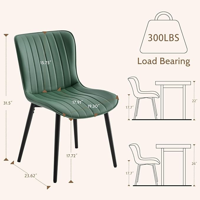 Modern Dining Chairs Set, Heavy Duty Upholstered Side Chairs with Faux Leather, Comfortable Cushions & Durable Metal Legs with Adjustable Feet, Perfect for Kitchen, Dining Room (Green, Set of 2)
