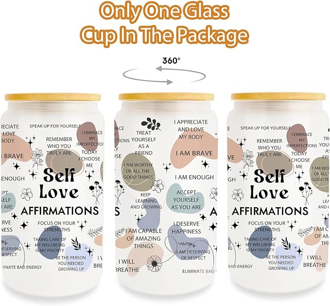 Encouragement Gifts for Women Friends, Inspirational Gifts, Self Love Gift Cup 16 Oz Can Glass Cup With Lid and Straw, Thoughtful Gifts for Women Friends, Positive Little Reminders