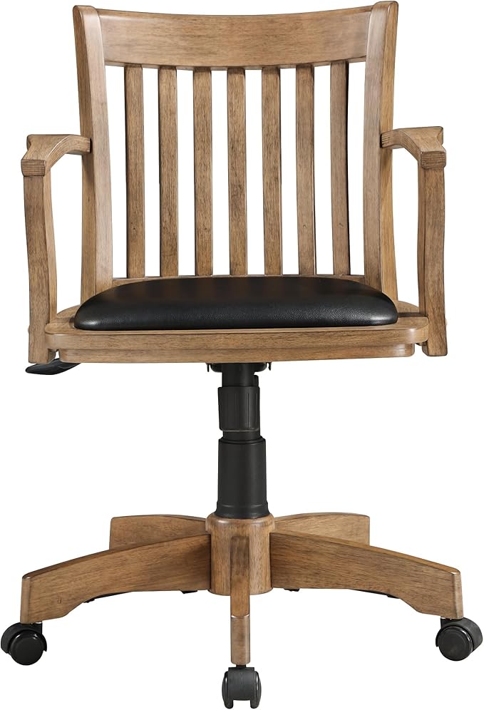 OSP Home Furnishings Deluxe Wood Banker's Desk Chair with Padded Seat, Adjustable Height and Locking Tilt, Fruitwood Finish and Black Vinyl