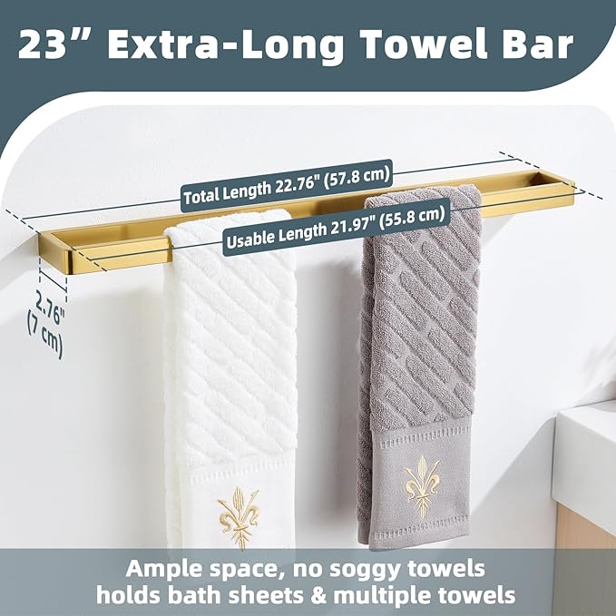 APLusee 22.8" Bathroom Towel Bar, 304 Stainless Steel Wall Mounted Towel Holder, Brushed Gold Towel Rack for Bathroom Kitchen, Modern Heavy Duty Design