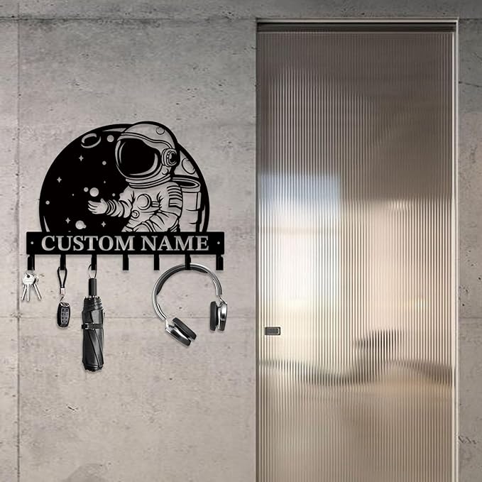Personalized Custom Astronaut UFO Metal Wall Keys Hooks,Clothes Hooks Astronaut Art coat racks,door holder,Black Astronaut decorations for home,Entrance doors,Hallway, Bedroom,Keys,Hats (Style A)