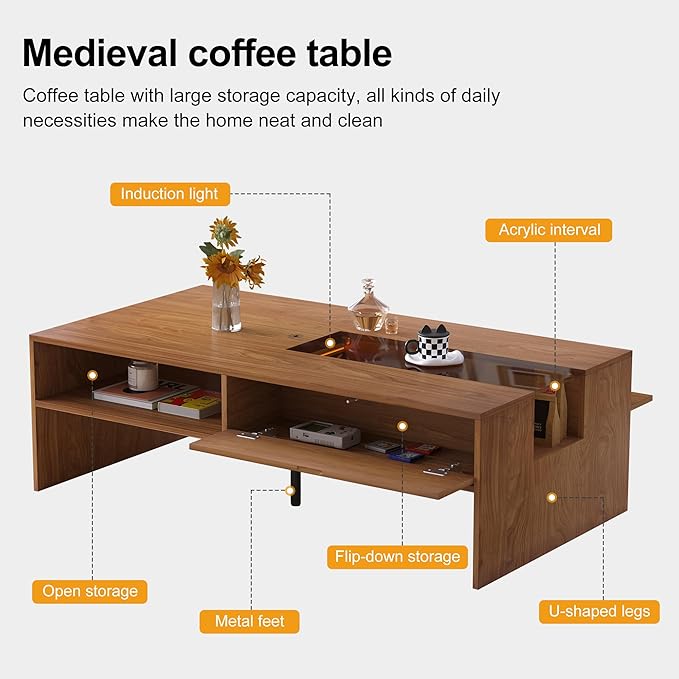 Modern Wood Coffee Table with LED Lights, 51.18" Rectangular Living Room Center Table with Glass Display, Hidden Compartment & Open Storage Shelves, Contemporary Coffee Table for Home Décor