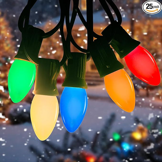 C7 LED Vintage Christmas Lights 25FT Outdoor String Lights – Multicolor Shatterproof and Waterproof LED Christmas Lights with 27 Bulbs (2 Spares) for Porch, Patio, Tree, and Garden Holiday Decor