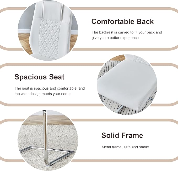 AZmac 63" Modern Dining Table Set for 6, White Dining Room Set for 6, Tempered Glass Kitchen Table and PU Leather Chairs, Marble Pattern Top with Sturdy Silver Chrome Base