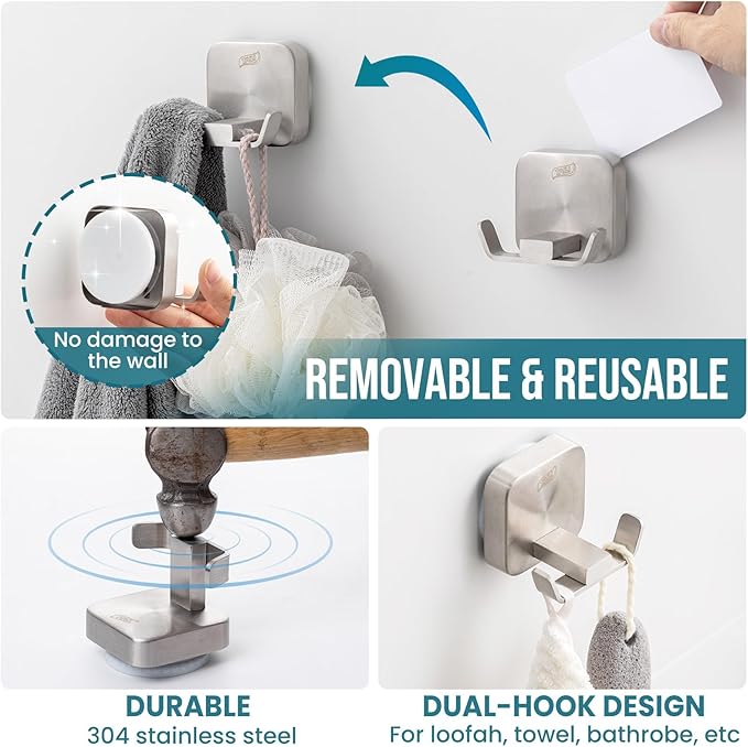 TAILI Patented Strong Suction Cup Hook, Thickened 304 Stainless Steel Bathroom Suction Holder for Towel, Loofah, Bathrobe, Damage-Free Hanging Shower Wall Hook, Double-Hook Widening Design, Silver