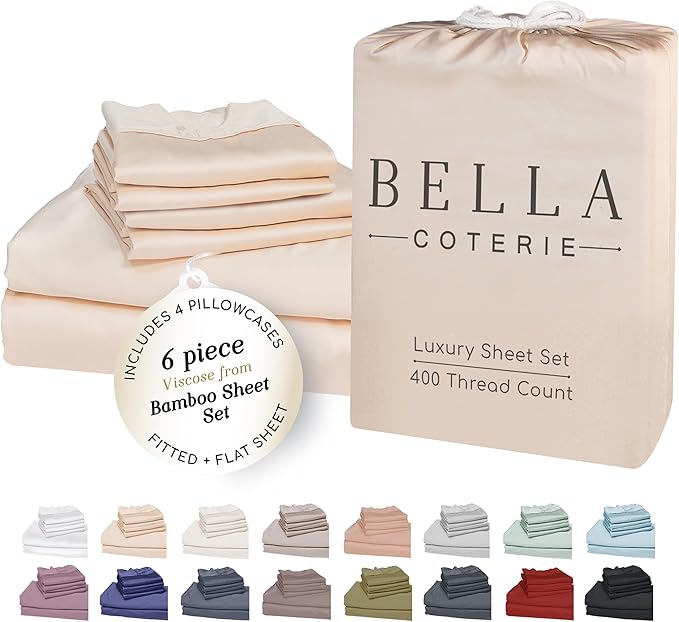 Bella Coterie 6 Piece Luxury Bamboo Viscose Queen Size Sheet Set | 100% Organically Grown | Cooling for Hot Sleepers | 18" Deep Pocket | Soft & Hypoallergenic | 4 Pillowcases [Champagne]