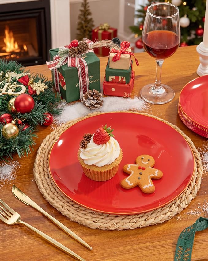 PULOTE 100PCS Red Plastic Plates Disposable Heavy Duty - Include 50 Dinner / 50 Dessert Plates for Party & Christmas