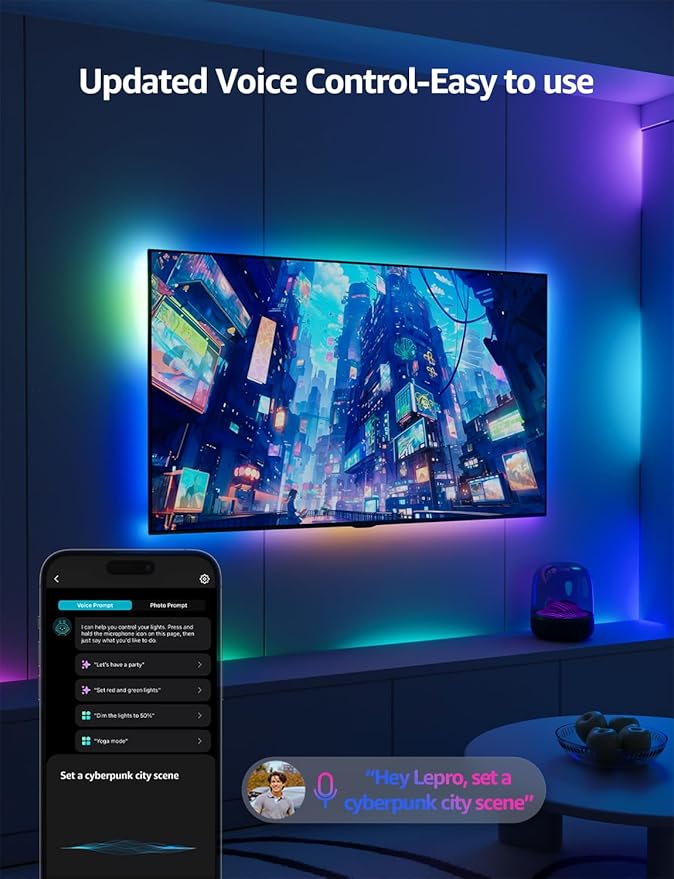 Lepro S1 AI LED Strip Lights for Christmas Decorations, 65.6ft Smart RGB Light Strips with IC and Rainbow Chasing Effects, Personalized Al Lighting Designer, No Remote, 2.4GHz Wi-Fi & Bluetooth