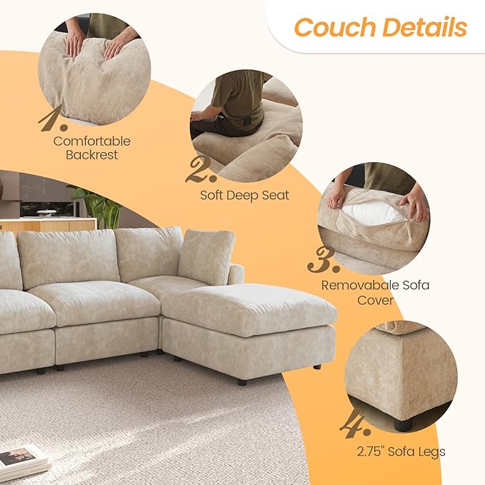 JACH U Shape Sectional Couches for Living Room, Modular Sofa with Chaise Ottomans, Cloud Sectional Couch, Sofa Covers Washable, Minimalist Couch for Living Room, Apartment, Khaki