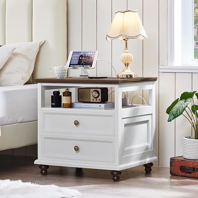 24" Wide Farmhouse Nightstand with Charging Station Set of 2, 37" Tall Rustic Chests of Drawers w/ 4 Solid Wood Feet, Farmhouse Furniture Series for Living Room,Bedroom,White