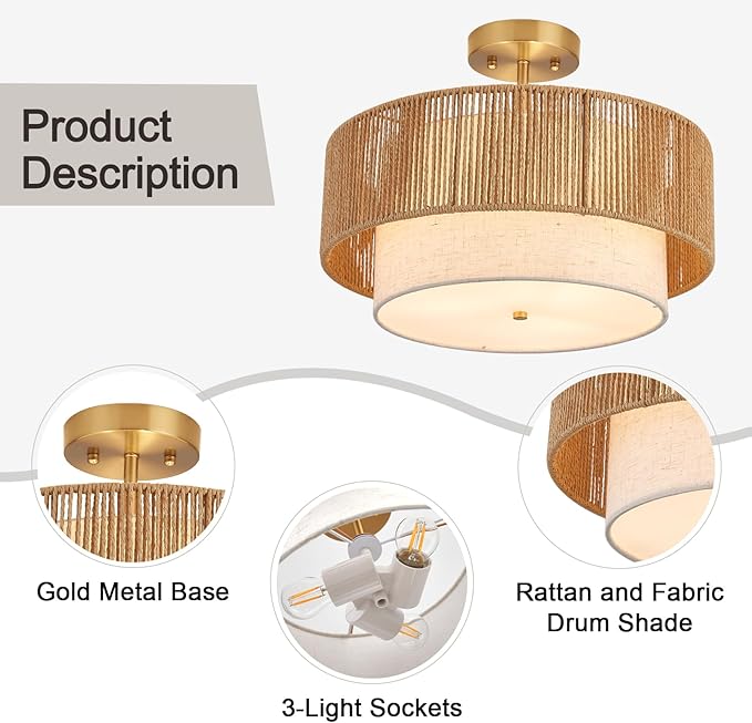 16" Drum Flush Mount Ceiling Light Hallway Light Fixtures with Rattan Shade,3-Light Semi Flush Light Fixture Ceiling Mount for Kitchen, Bedroom, Bathroom, Living Room