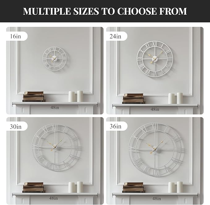 Cuspin 16 inch Wall Clock, Modern Decorative Clock Battery-Operated Silent Non Ticking, Silver Metal Round Clock Roman Numeral Analog for Living Room, Kitchen, Bedroom, Office, Home Decor