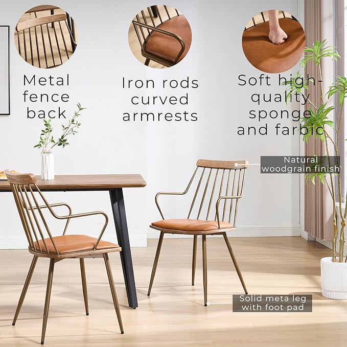 Modern Dining Chairs Set of 2, PU Upholstered Dining Chairs with Metal Legs, Wood Kitchen Chairs with Fence-Like Back and Curved Arm for Dining Room Kitchen Restaurant Reception (Brown)