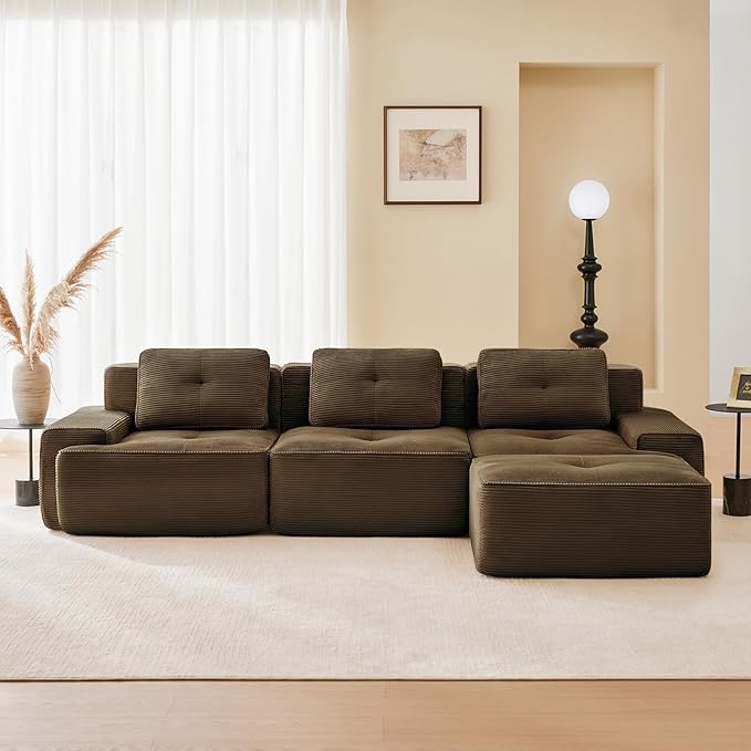 115" Modern Corduroy Cloud Sofa with Ottoman, L Shaped Boneless Modular Large Sectional Couches for Living Room, Brown 3 Seater Compressed Memory Foam Couch, Extra Deep Seat, No Assembly