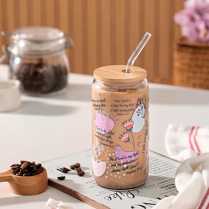 16oz Bible Verse Coffee Mug for Women – Christmas Christian Gifts, Daily Bible Affirmations Glass Tumbler with Straw – Inspirational Religious Coffee Cup for Birthday, Mother’s Day, or Faith Lovers