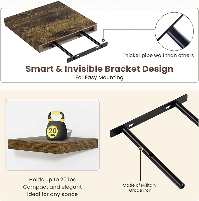 Fun Memories Floating Shelves for Wall - 9.3 Inch Square Shelves with Invisible Brackets, Small Wall Shelf for Living Room, Bathroom, Bedroom, and Kitchen Decor，Brown Set of 3