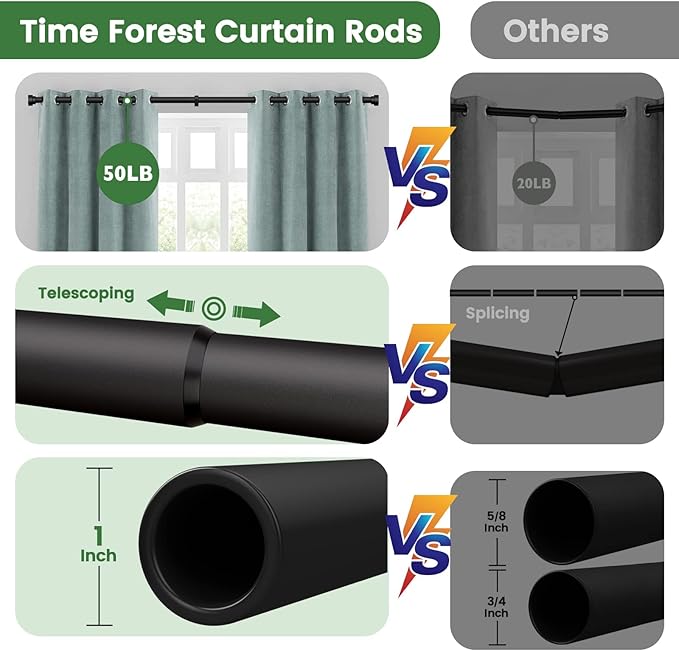 Time Forest Long Curtain Rods for Windows 72 to 144 Inch - 2 Pack,Modern Design,Black