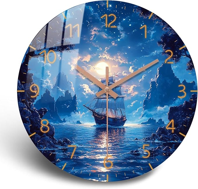 Sailing Boat Wall Clock 12 inch Battery Operated Modern Blue Wall-Clock Ocean Night Clocks Analog Wooden Clock Non Ticking for Bedroom, Office Decor