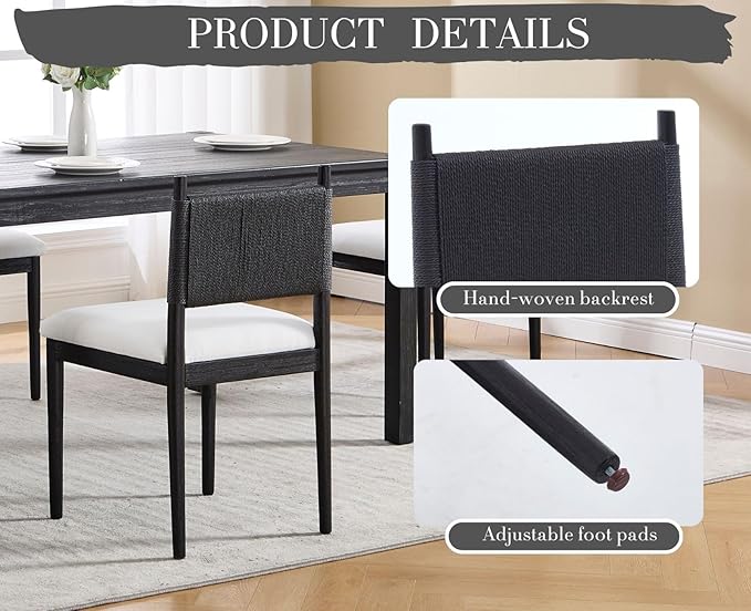 CIMOTA Dining Chairs Set of 4, Mid Century Modern Upholstered Dining Room Chairs with Woven Back, Armless Kitchen Chairs with Black Solid Wood Legs,Linen Beige, 4PCS