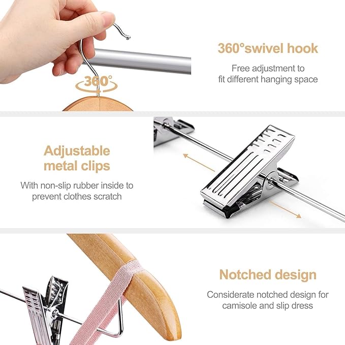 HOUSE DAY Wooden Hangers with Clips 48 Pack,Wooden Suit Hangers Skirt Hangers Solid Wood Pants Hangers Natural Smooth Finish Wood Hangers with Durable Metal Clips for Blouse, Dress, Coat, Jacket