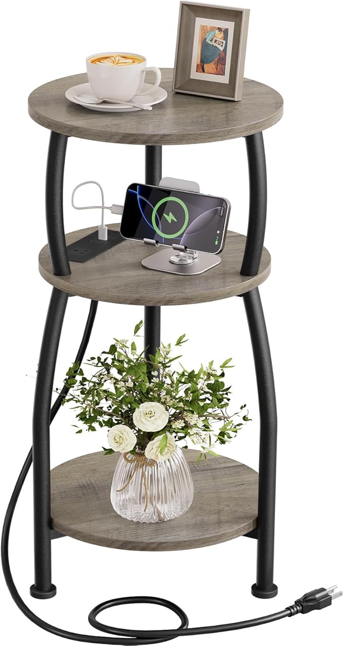 Round Side Table with Power Outlet & USB Ports, 3-Tier End Table with Storage Shelf, Modern Rustic Nightstand, Small Spaces Accent Table for Living Room Bedroom, Easy Assembly, Grey