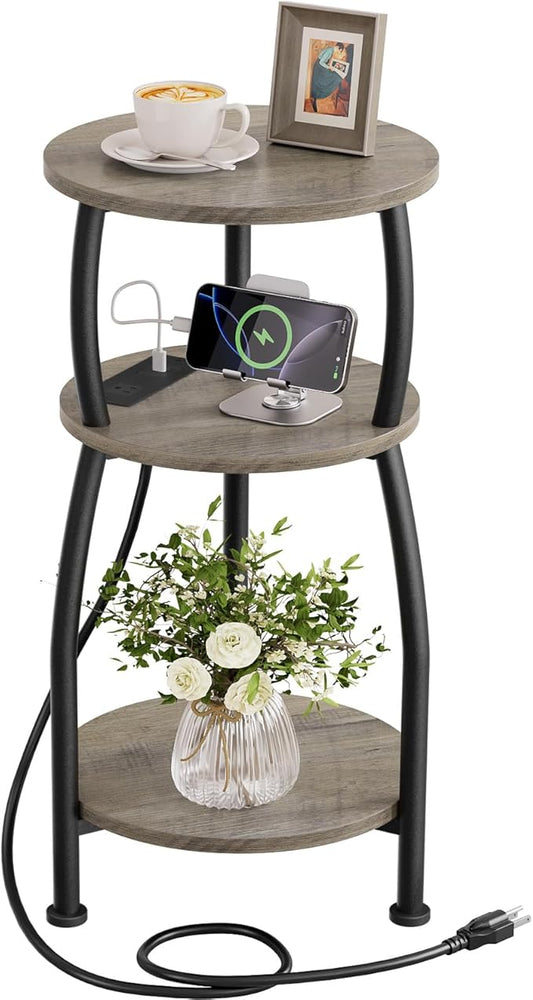 Round Side Table with Power Outlet & USB Ports, 3-Tier End Table with Storage Shelf, Modern Rustic Nightstand, Small Spaces Accent Table for Living Room Bedroom, Easy Assembly, Grey