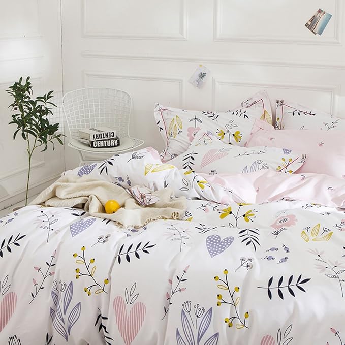 Girls Boho White Pink Floral Duvet Cover Queen Bedding Sets Cotton Comforter Cover Chic Flower Branches Bedding Sets with 2 Pillowcases