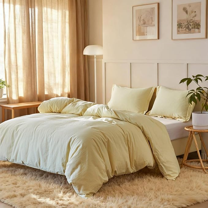 Simple&Opulence French Linen Duvet Cover Set - Full Size(78" x 86")- 3 Pieces (1 Comforter Cover,2 Pillowcases)- Natural Flax Cotton Blend-Solid Color Breathable Farmhouse Bedding-Pale Yellow