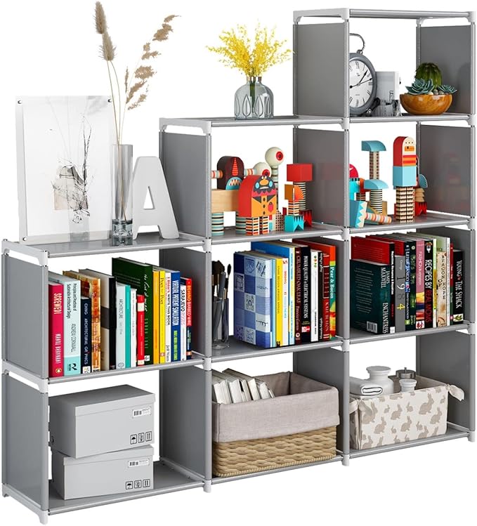 JIUYOTREE Portable Bookshelf, 9 Cube Closet Storage Organizer Bookcase,Clothes Storage for Living Room,Study Room,Bedroom, Grey