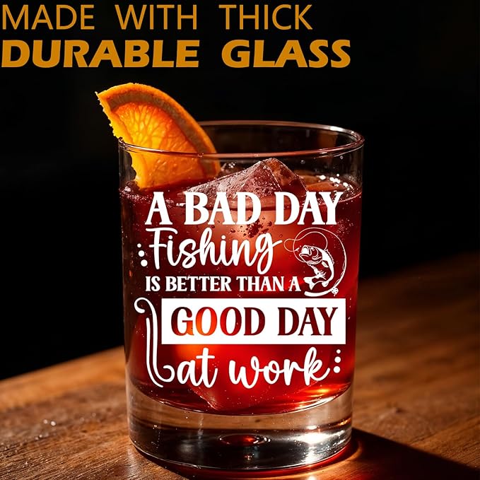 Fish Lovers Gifts Old Fashioned Whiskey Glasses, Fishing Gifts for Fisherman, Funny Fishing Gift 10 oz Rocks Barware Cup for Cocktail Drinks Scotch Bourbon Liquor