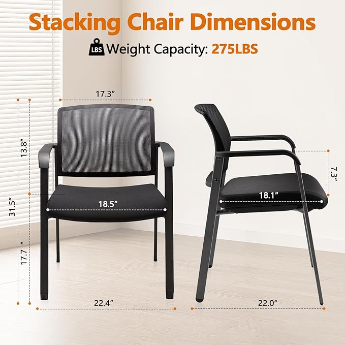 CLATINA Mesh Back Stacking Arm Chairs with Upholstered Fabric Seat and Ergonomic Lumber Support for Office School Church Guest Reception Black
