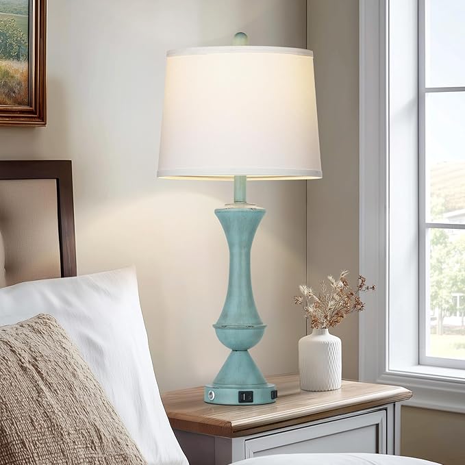29" Tall Blue Table Lamps Set of 2 for Living Room, Touch Control Bedroom Lamps for Nightstand, 3-Way Dimmable Bedside Lamp with USB A+C Port &AC Outlets(2 LED Bulbs Included)