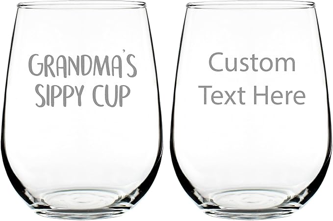 Custom Grandma's Sippy Cup - Stemless Wine Glass Gift with Personalized Engraved Message - Cute Birthday Glasses Gifts for Grandma