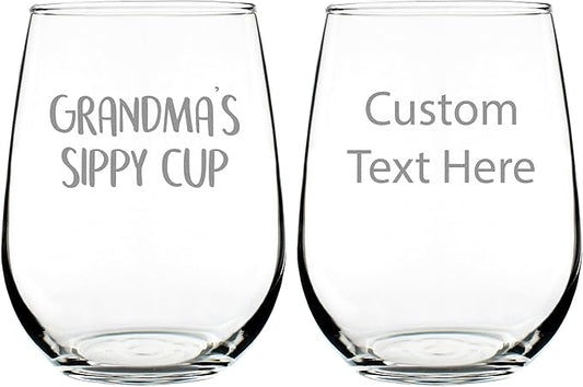 Custom Grandma's Sippy Cup - Stemless Wine Glass Gift with Personalized Engraved Message - Cute Birthday Glasses Gifts for Grandma