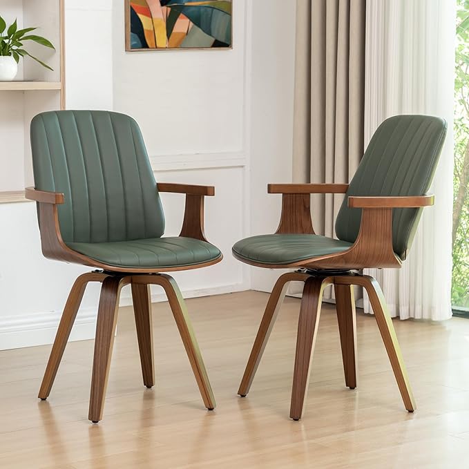 MCM Dining Chairs, Set of 2 Mid Century Modern Chairs with Walnut Craftsmanship, Upholstered Faux Leather, Wooden Arms and Legs, Faux Leather Dining Chairs for Kitchen/Living Room - Green