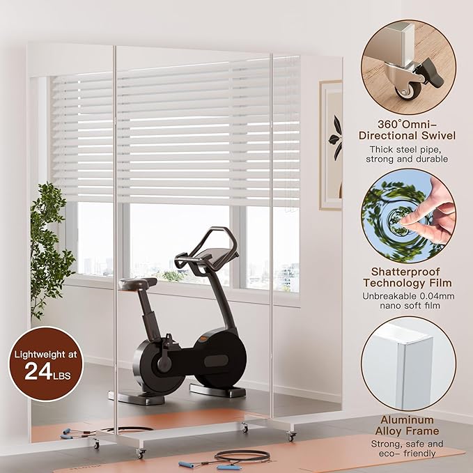 brisafe Full Length Mirror with 360° Wheels, 79"x79" Foldable Floor Mirror with Nano-Tech Shatterproof Film - Ultra-Large Mobile Mirror for Home Gym, Dance Studio & Commercial Spaces (Black)
